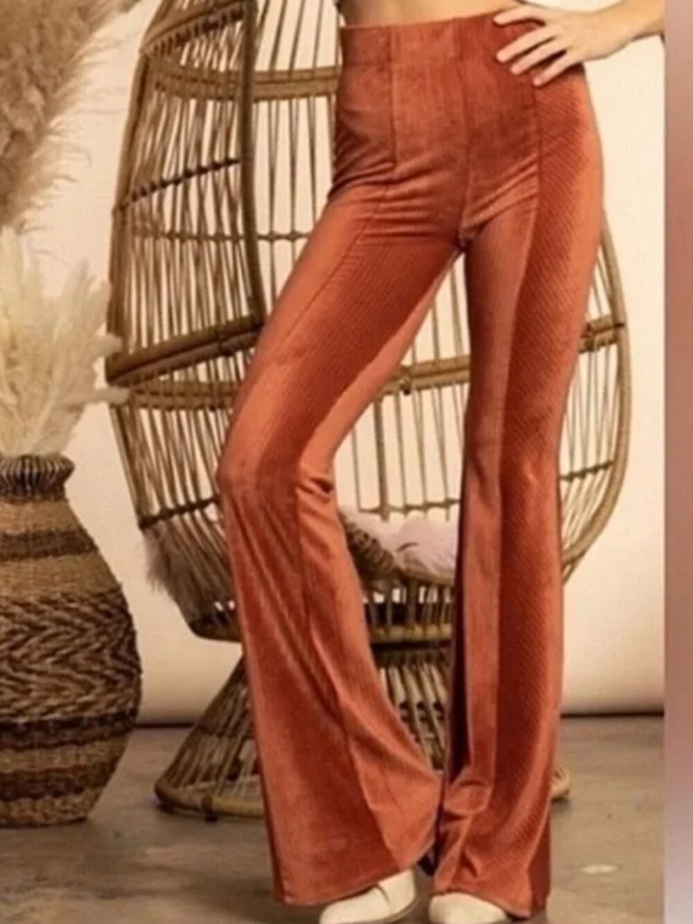 NEW! A. CALIN by FLYING TOMATO HIGH RISE STRETCH VELVET FLARE PANTS BOHO sz S